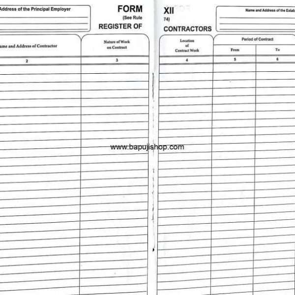 Register of Contractors in Form xii