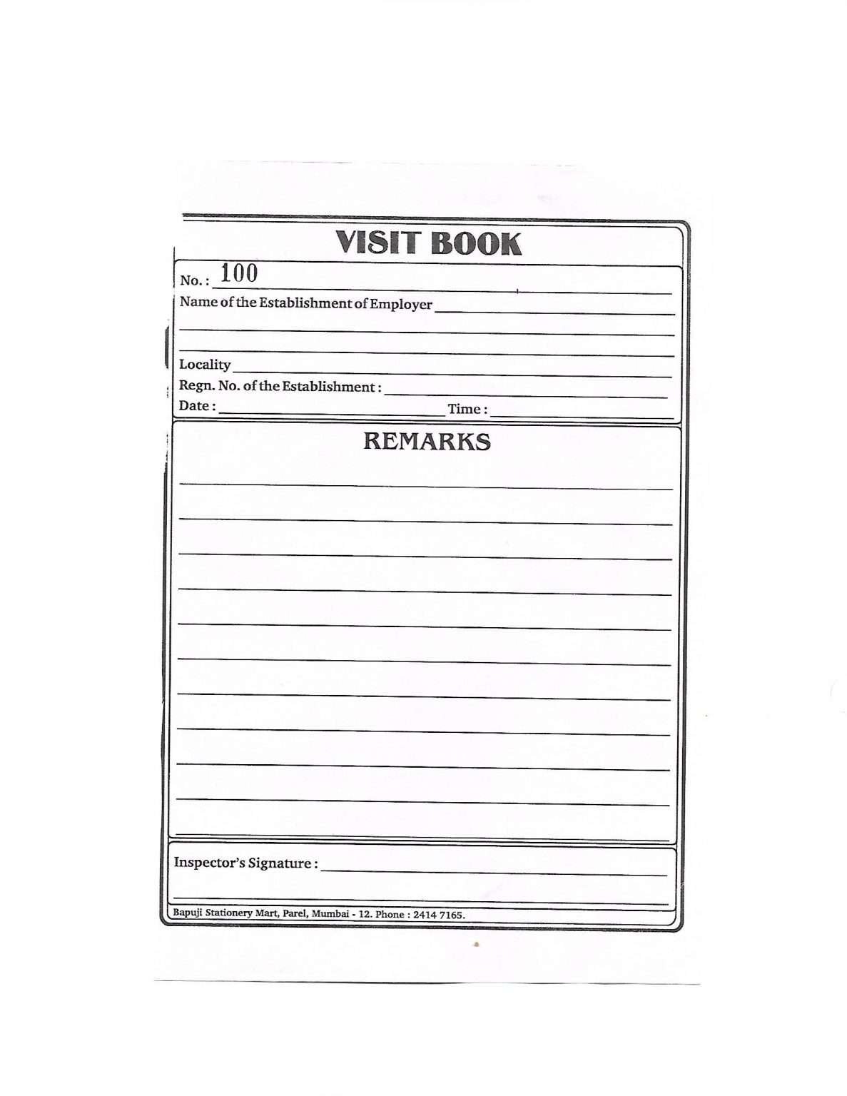 Inspection visit book