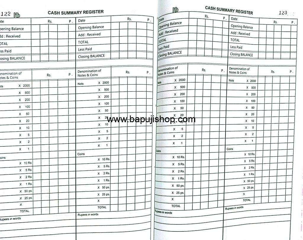 Cash Summary Register used for Banks