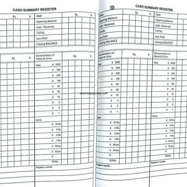 Cash Summary Register used for Banks