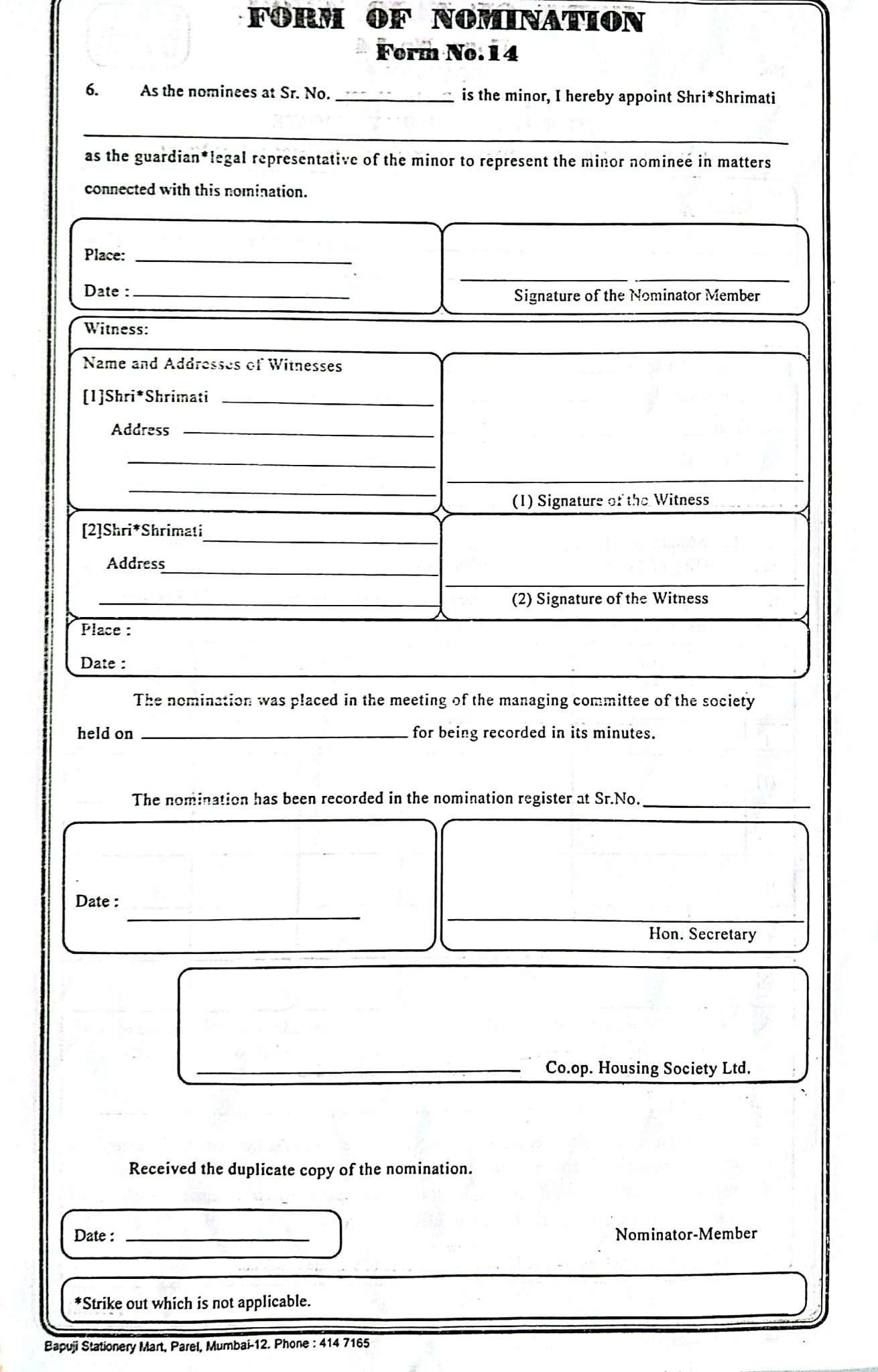 Form of Nomination No.14 Common under Bye-Law 32