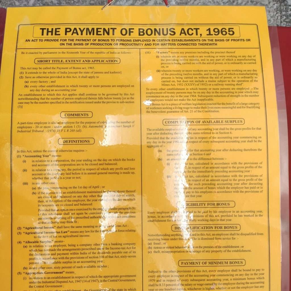 Abstract of the payment of bonus act 1965