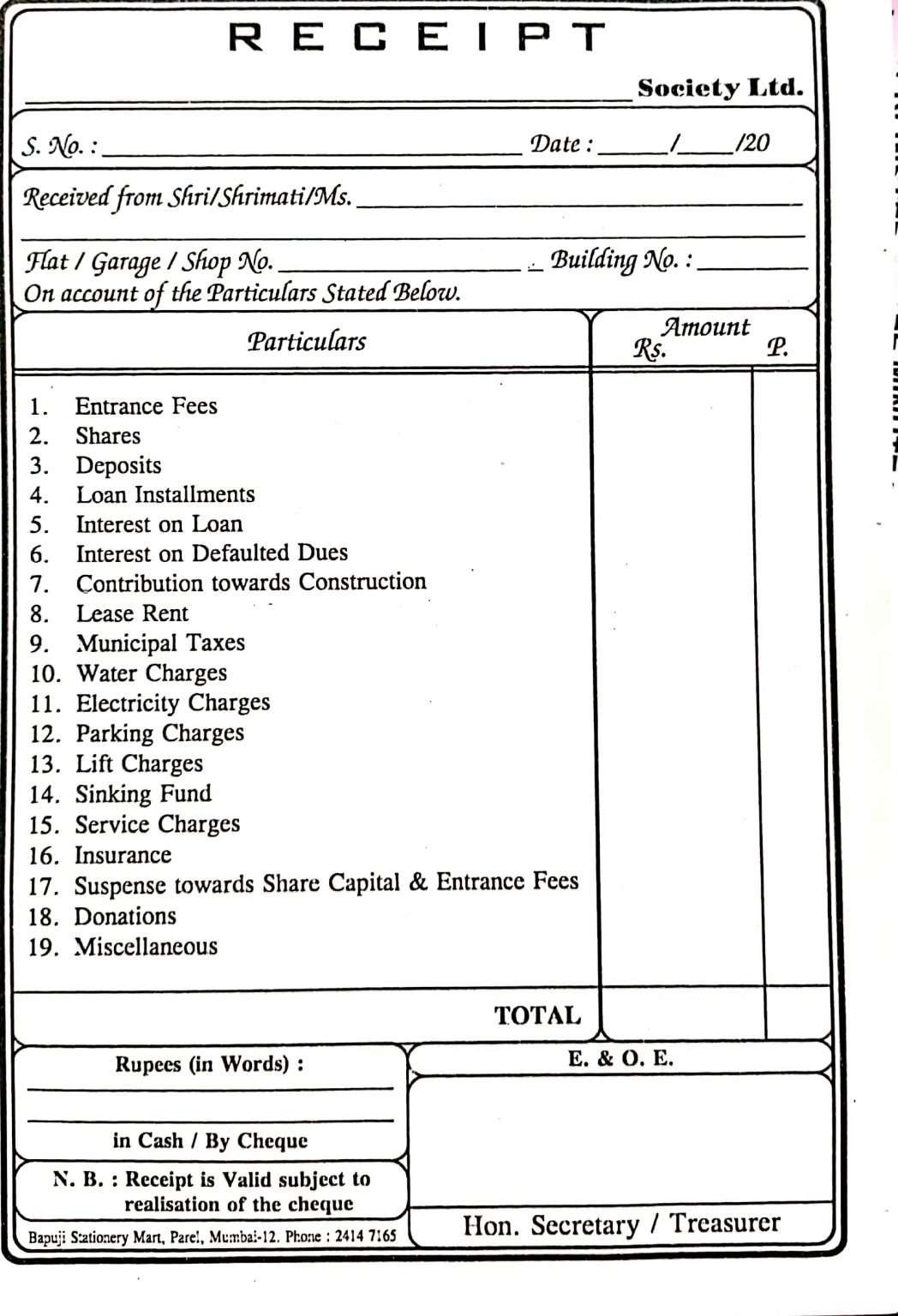 society maintenance receipt book format